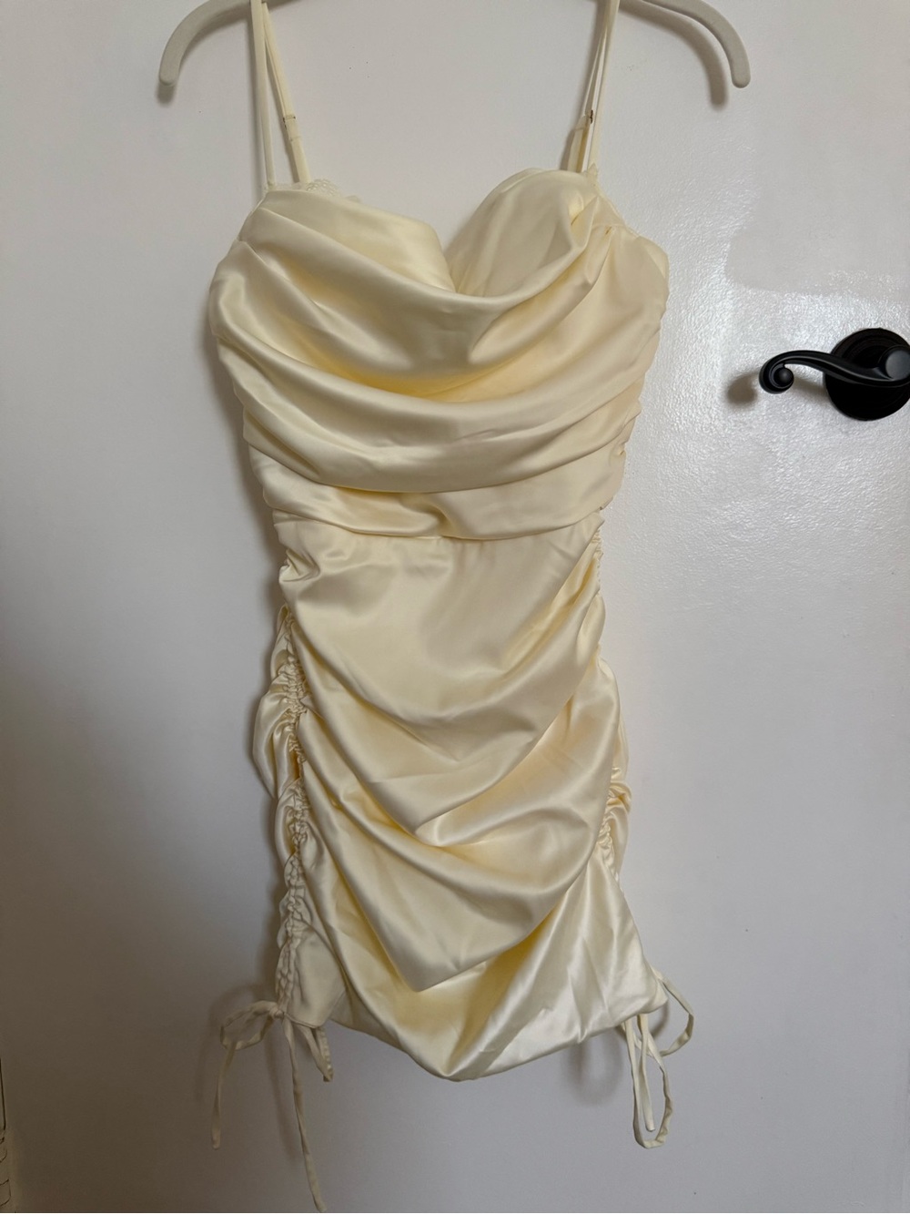 Oh Polly Cream Satin Ruched Cowl Mini Dress